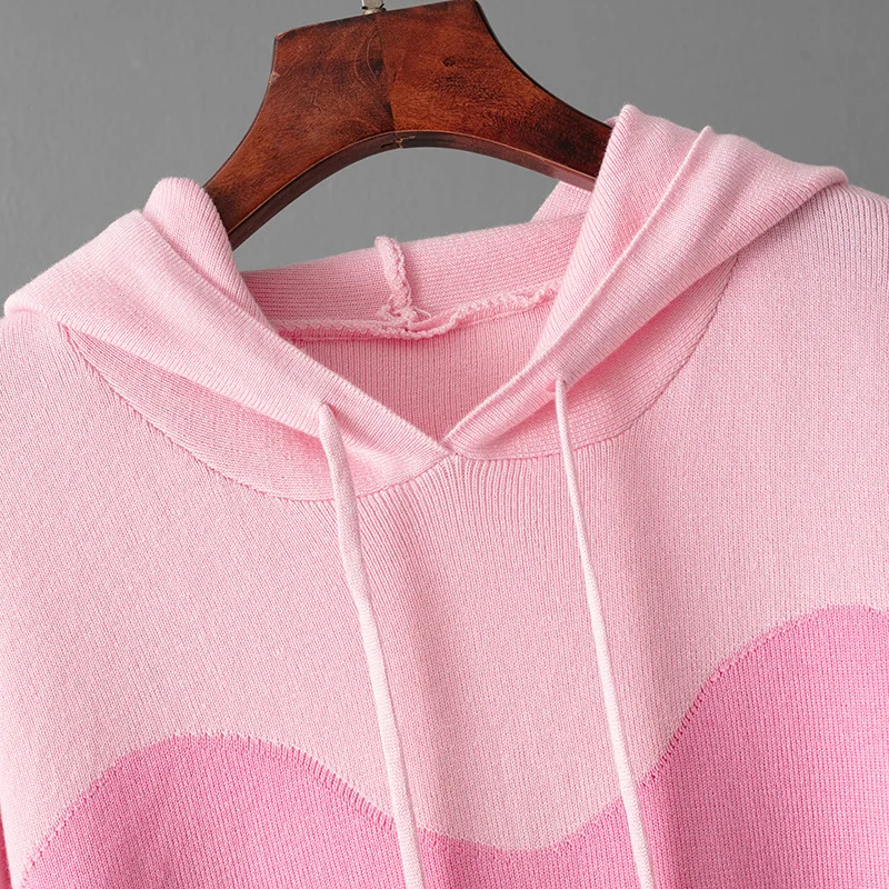 Koreańskie modne dzianinowe komplety dwuczęściowe damskie z kapturem, sweter w paski, bluzki, zestawy casualowe, spodnie proste z wysokim stanem.