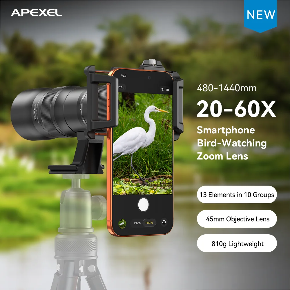 APEXEL APL-T20-60X HD Metal Telephoto Zoom Monocular With 17mm Double-thread Universal Stretch Clamp All Smartphones Outdoor Use
