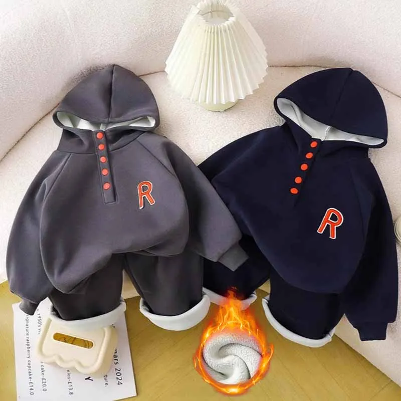 

Boys Winter Sets Children Fleece Suit Autumn Thicken Warm Outfits Kids Sweater Sweatpants 2Pcs New Girls Hooded Fashion Clothes