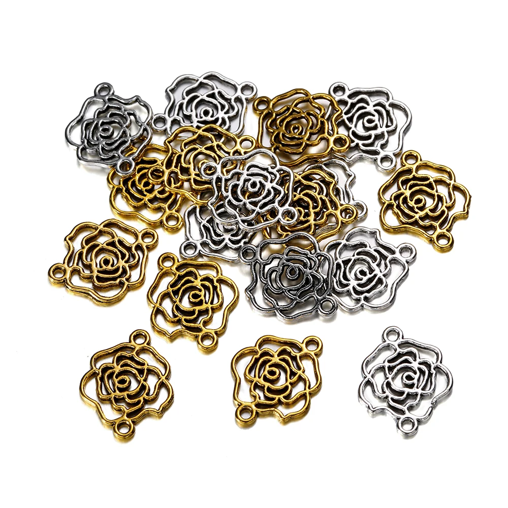 50pcs 17x13.5mm Hollow Flower Connector Gold Color Alloy Charms Pendants For DIY Bracelet Necklace Jewelry Making Accessories