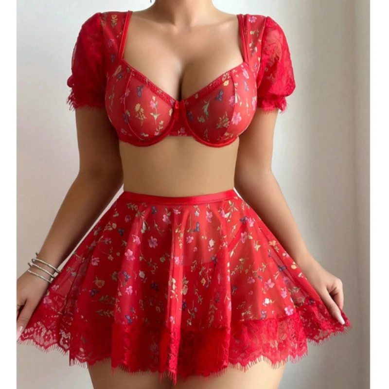 

Thin and Sexy Lace Mesh Printed Top, Short Skirt, Erotic Sleepwear Set, See Through Floral Underwear