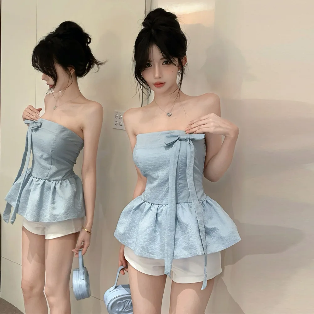 

Sweet And Spicy Knot Texture Wrap Women's Blouse Summer 2025 Polyester Fabric Regular Thin Ladies irt