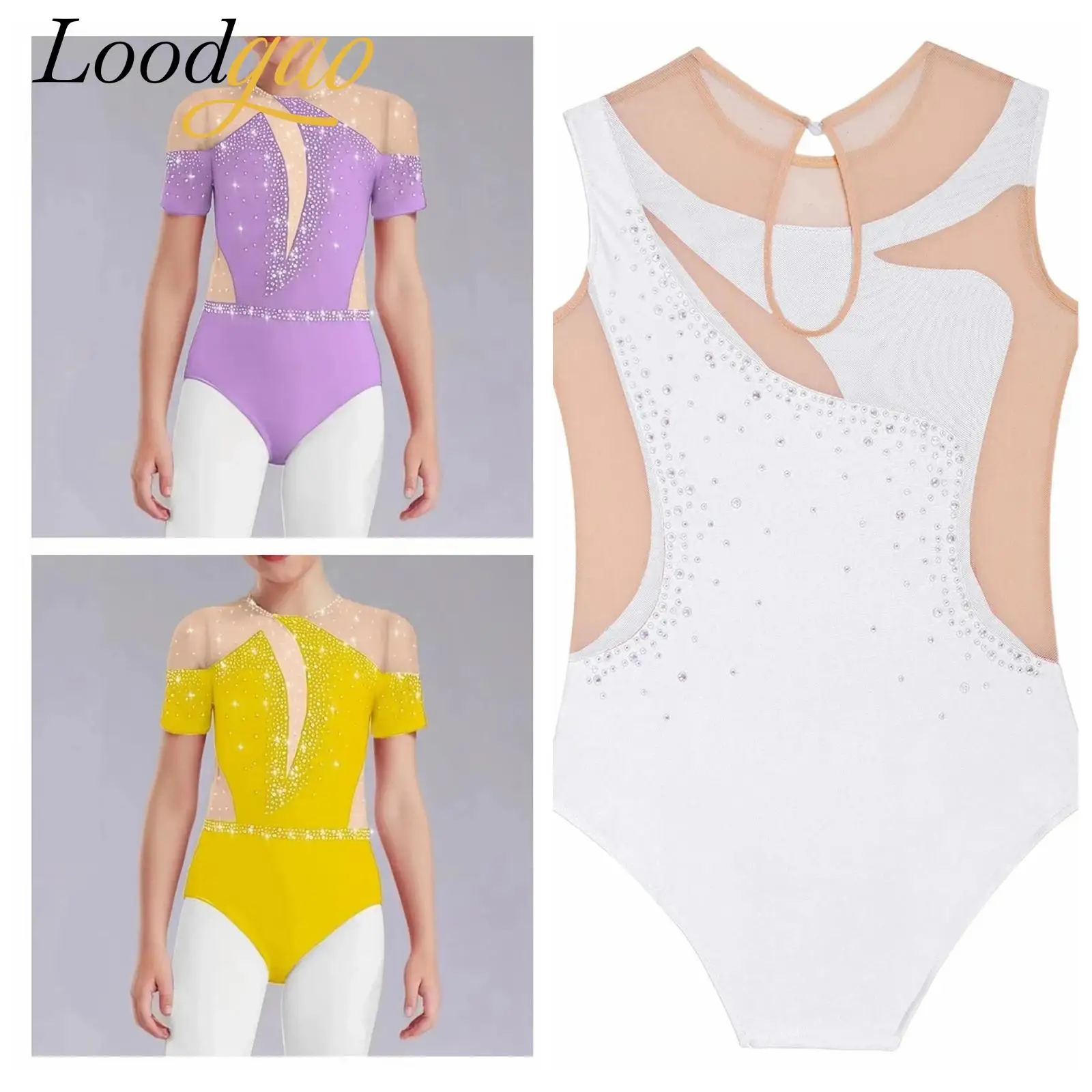 

Children Rhinestone Mesh Splice Ballet Gymnastics Leotard Girls Figure Skating Tights Ballet Bodysuit Rhythmic Gymnastics Outfit