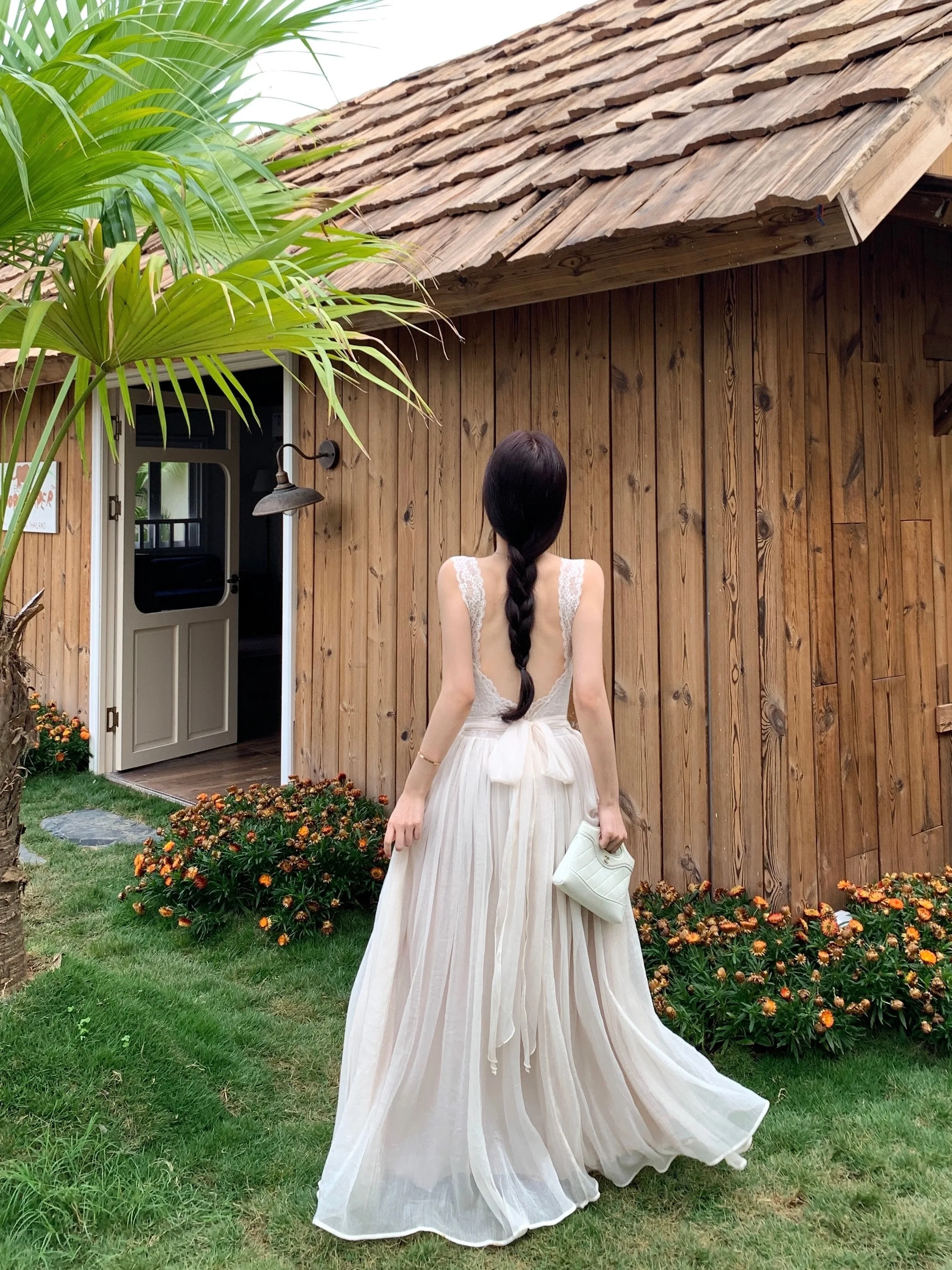 

Summer Lace Splice Backless Strap Dress Women's High Waist Slim A-Line Long Dress Casual Commute Style Medium Softness