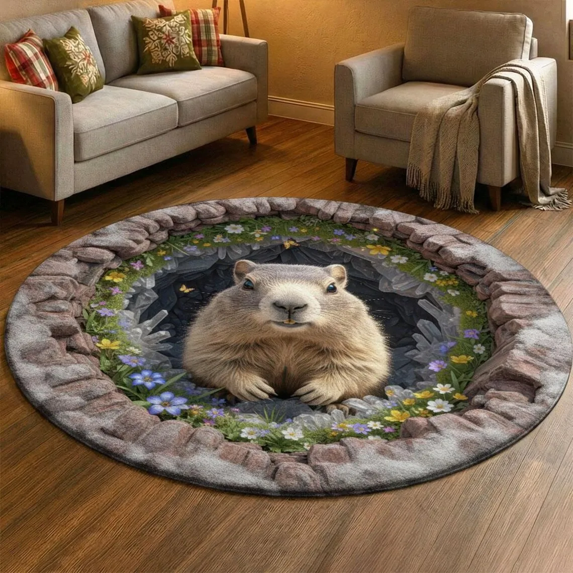 Rabbit Stone Hole Printed Round Carpet Visual 3D Animal Printed Door Mat Living Room Bedroom Kitchen Decoration Rug