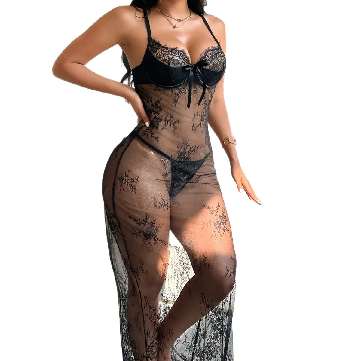 Women Lace See Through Lingerie Erotic Set Long Mesh Dress With Thong Transparent Underwear Sexy Nightwear Honeymoon Sleepwear