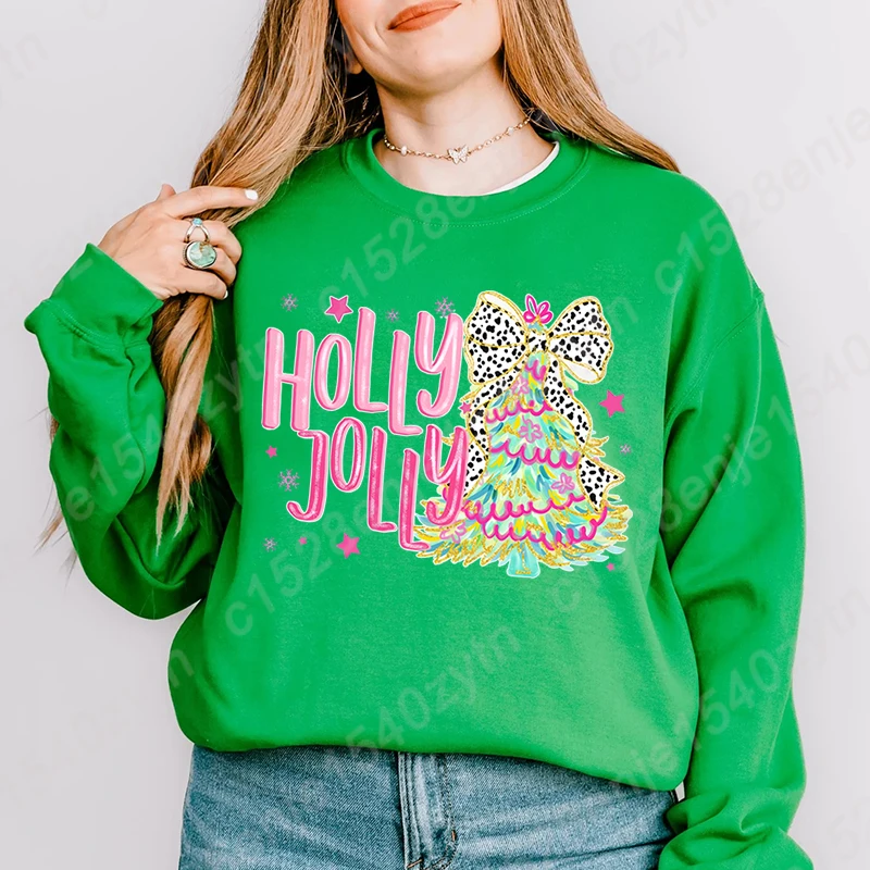 Christmas Tree Bow Holly Jolly Print Hoodless Sweatshirt Women Fall & Winter Fashion Pure Color Pullover Ladies O Neck Pullovers