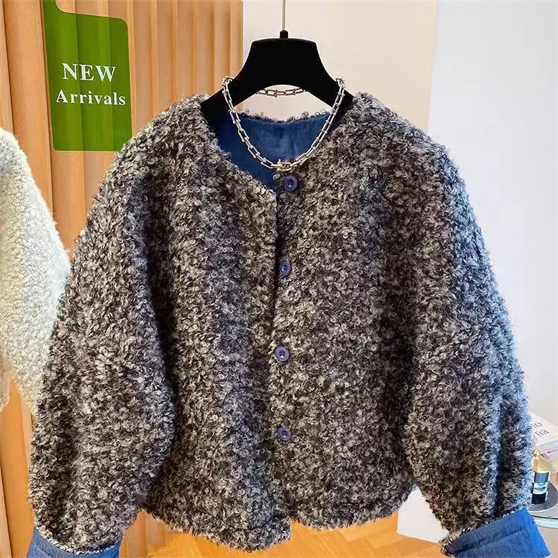 

Новая женская куртка: модное короткое пальто из овечьей шерсти с длинными рукавами, женское ретро-пальто с контрастной строчкой, свободного кроя, для осени и зимы.