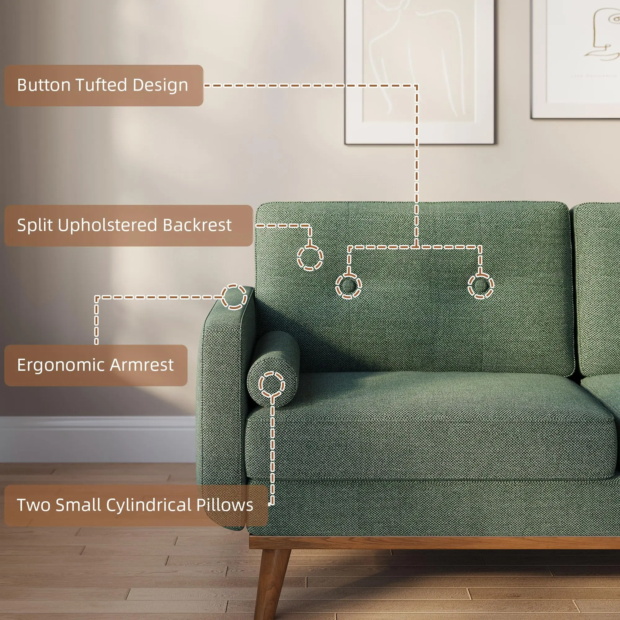 Sofá moderno de meados do século de 65 ", sofá loveseat, sofás confortáveis com assento amor para sala de estar, sofá de assento profundo estofado em linho de 2 lugares