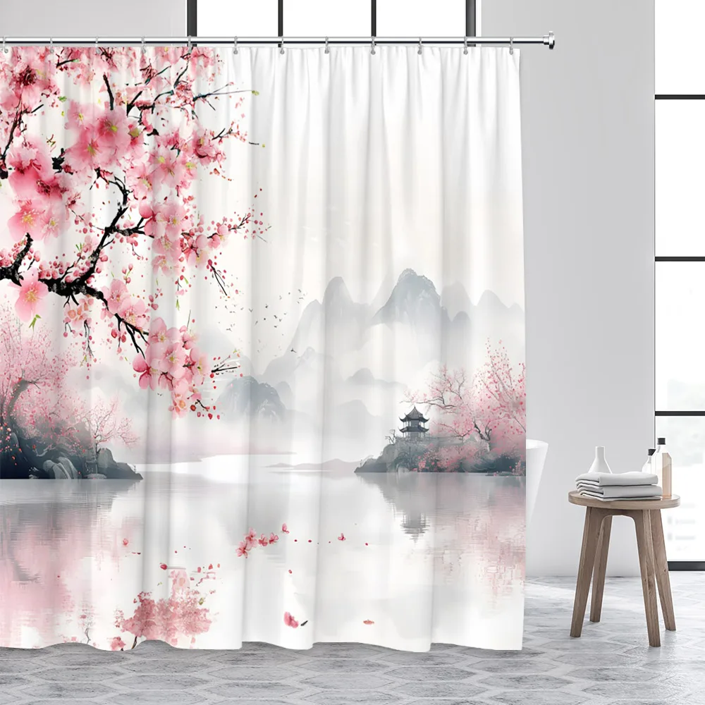 Japanese Landscape Shower Curtains Abstract Mountain Pink Cherry Blossom Floral Bird Pavilion Asian Art Bathroom Curtain Decor