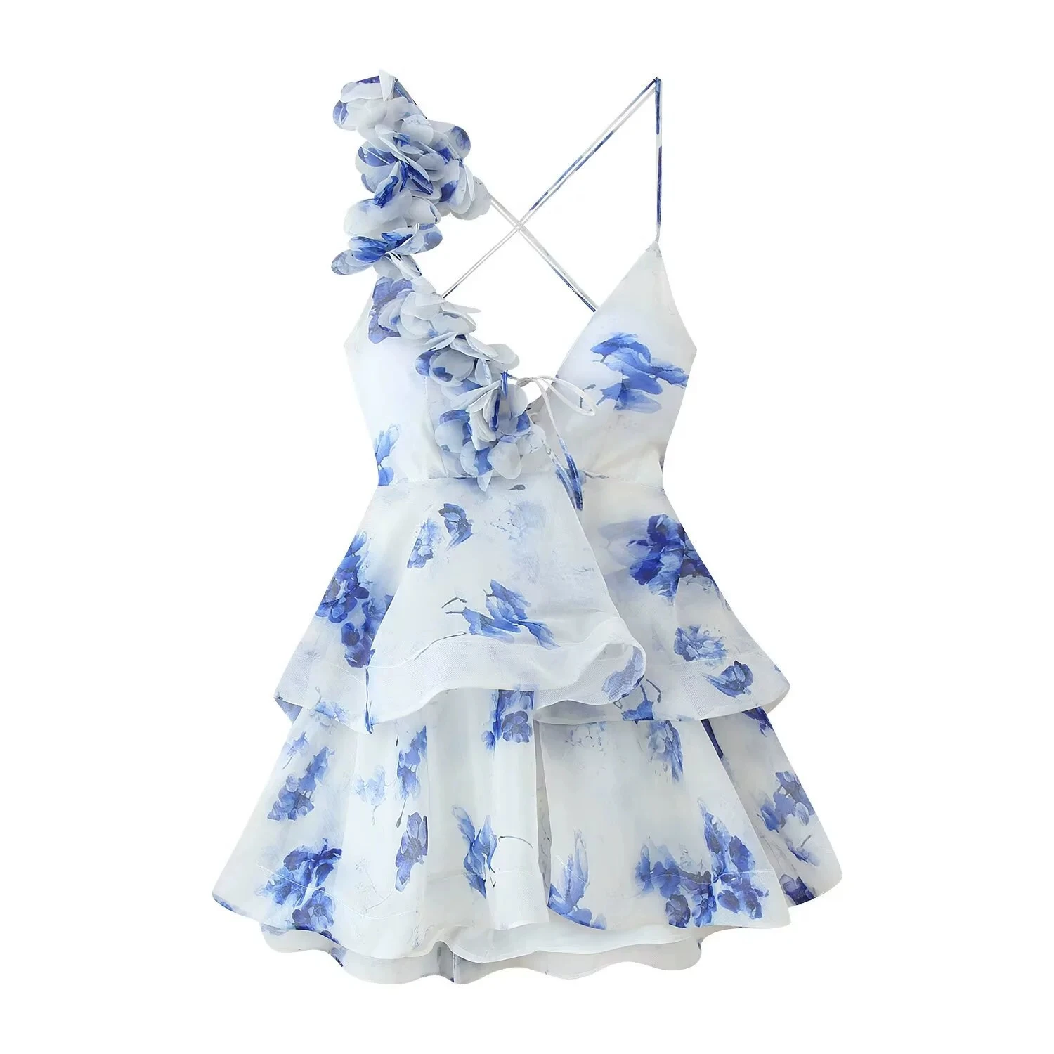 3D Flowers Lace Up Halter Dress Woman Printed Layered Backless Deep V-Neck Pleated Puffy Dresses Fashion Summer Beach Vestidos