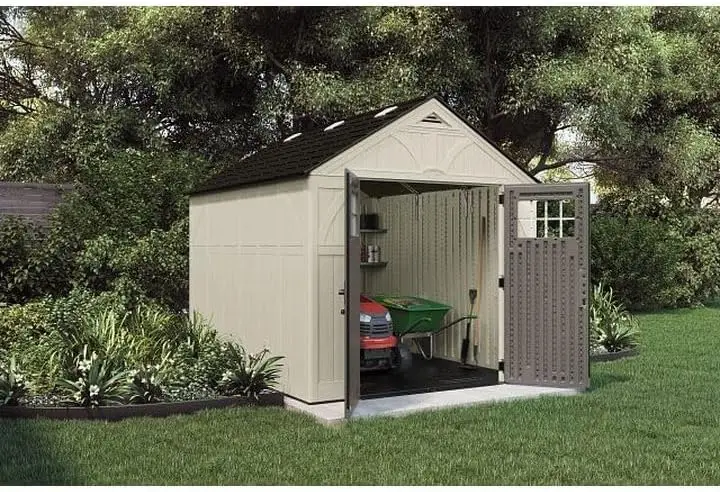 8' x 10' Heavy-Duty Resin Tremont Storage Shed Sand Features a padlock hasp that allows doors to lock securely