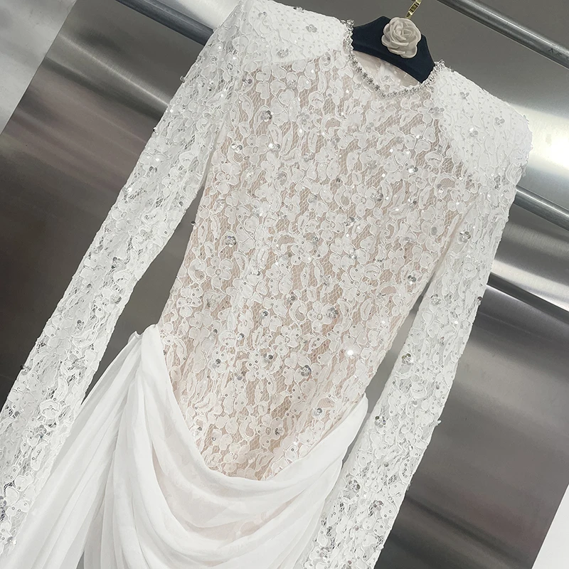 KBQ Spliced Folds Sexy Sheer Slimming Mini Dresses for Women Round Neck Long Sleeves Patchwork Sequins Dress Female Fashion New