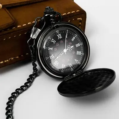 Retro Smooth Men Black Pocket Watch Silver Polish Quartz Pocket Fob Watches Pendant with Chain relojes de bolsillo