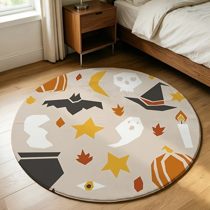 Minimalist Halloween Round Carpet, Bat Ghost Witch Hat Printed Floor Mat, Bedroom Living Room Home Decor Rug