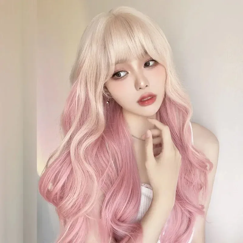 Wig Merah Muda Putih Bergelombang Panjang untuk Wanita Wig Sintetis Pesta Harian dengan Kostum Poni Wig Lolita Wig Cosplay Merah Muda Gradien Platinum