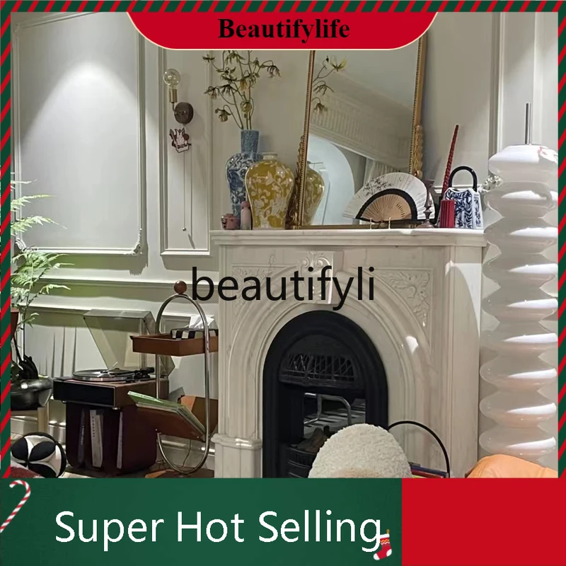 

D80 French-style Marble Living Room Arch Carved Decoration American European Style White Marble Stone Fireplace
