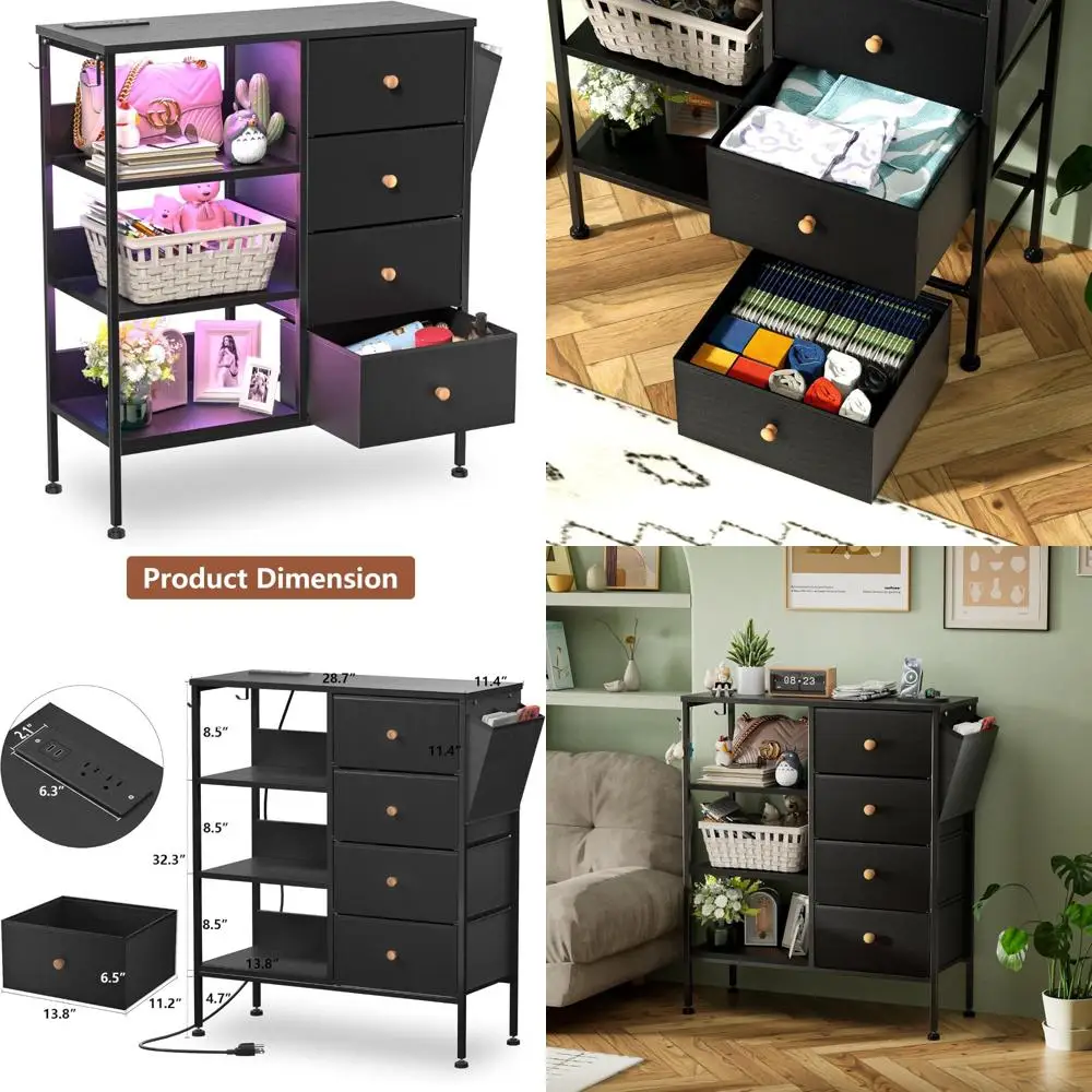 Bedroom Nightstand Featuring Charging Dock, 4-Drawer Side Table with 3-Tier Shelving, and LED-Illuminated Wood-Top End Table for