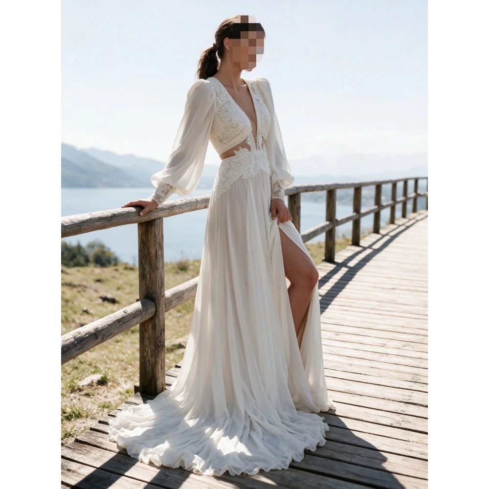 Customized Deep V-neck Chiffon Lace Wedding Dresses with New Fluffy Sleeves High Seam Backless Bohemian Bridal Gown for 2026