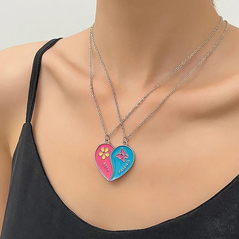 2PCS Ins Style Heart Rainbow Stitching Necklace Fashion Pendant Alloy Clavicle Chain For Children Best Friend Jewelry Gifts