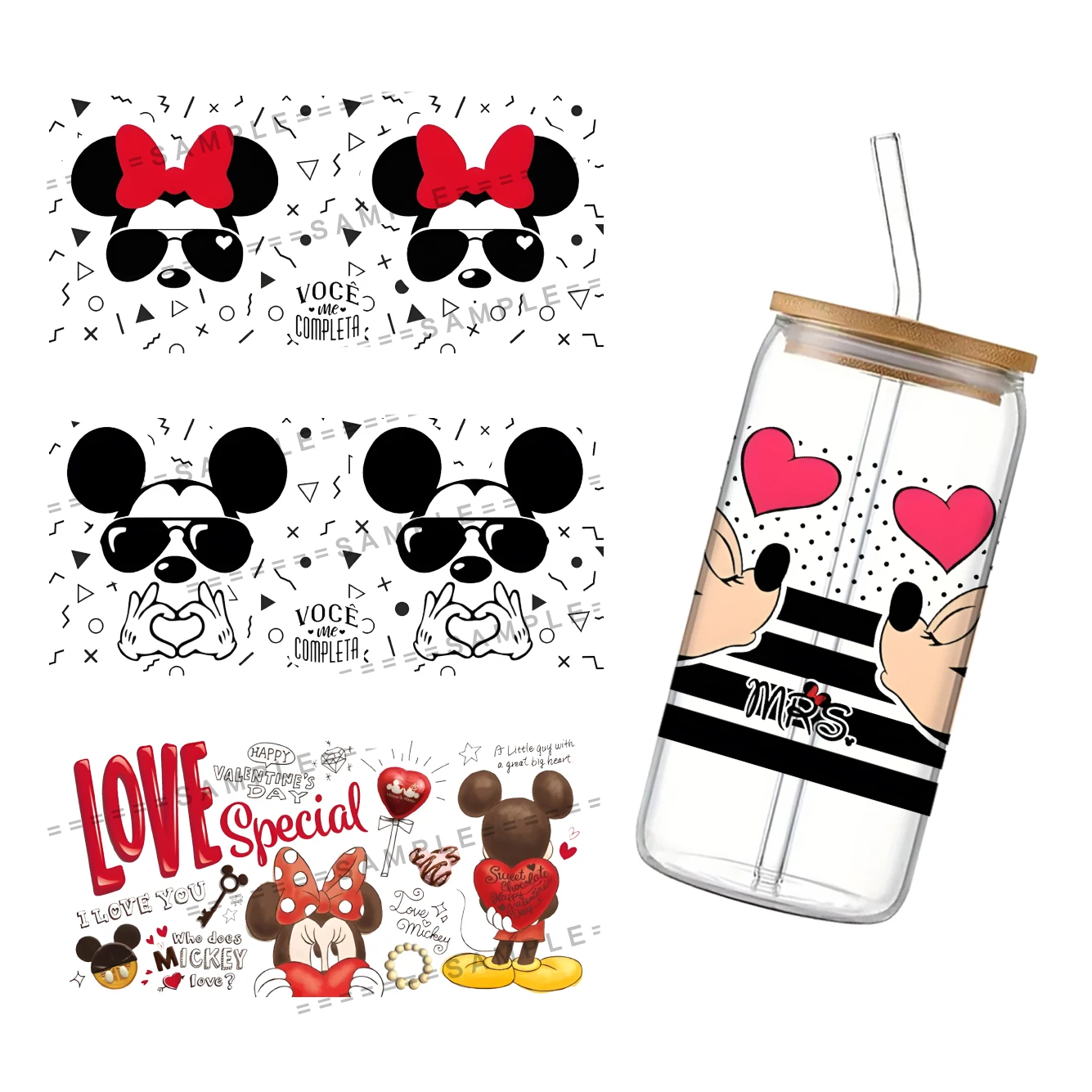 Disney Mickey Minnie Valentine's Day Theme For Libbey 16oz Can Glass 3D Waterproof UV DTF Coffee Can Wrap Libbey Glass Wrap