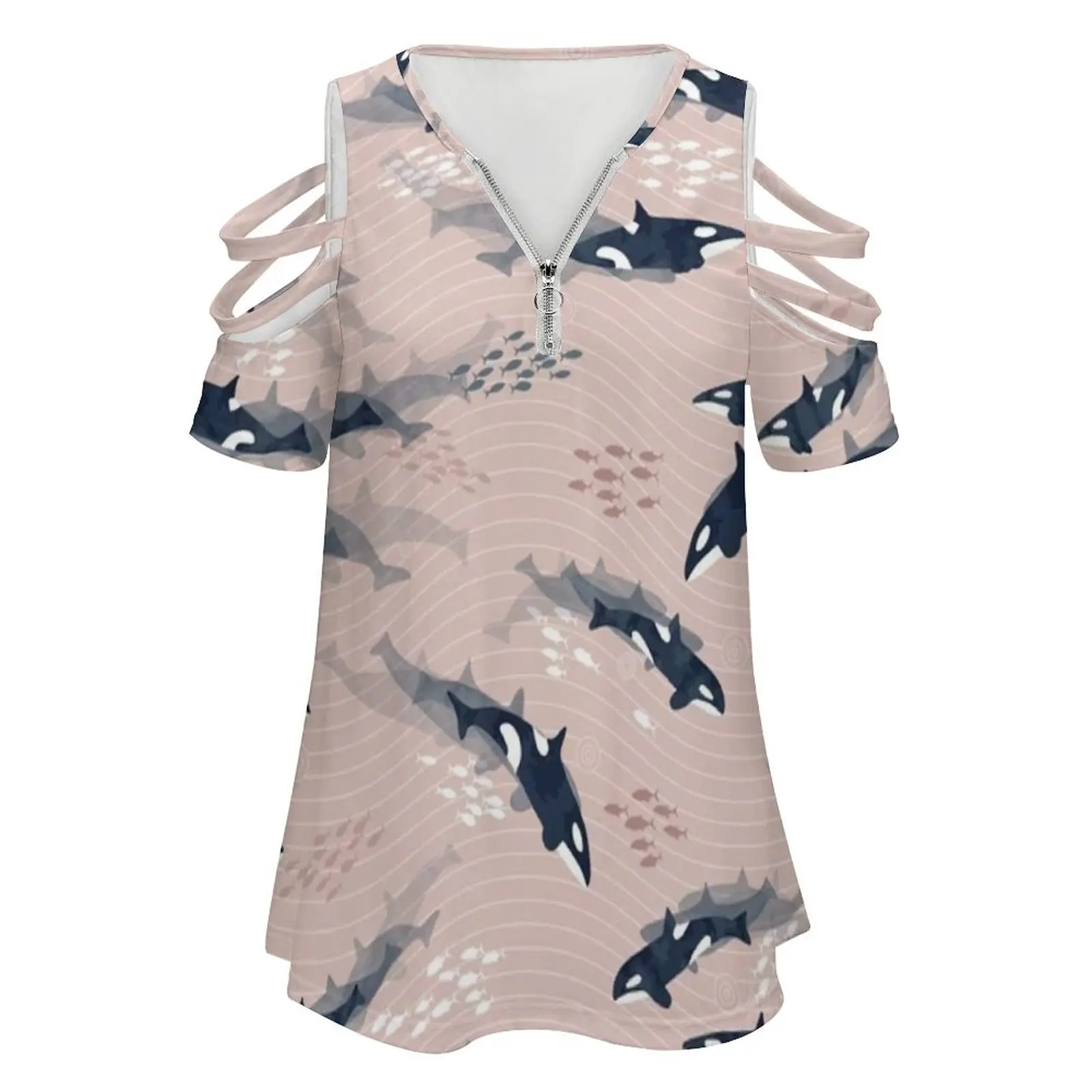 Orca In Motion / Blush Ocean Pattern Women'S T-Shirt Summer Fashion Print Floral V-Neck Zipper Tshirt Hollow Pullover Ladies