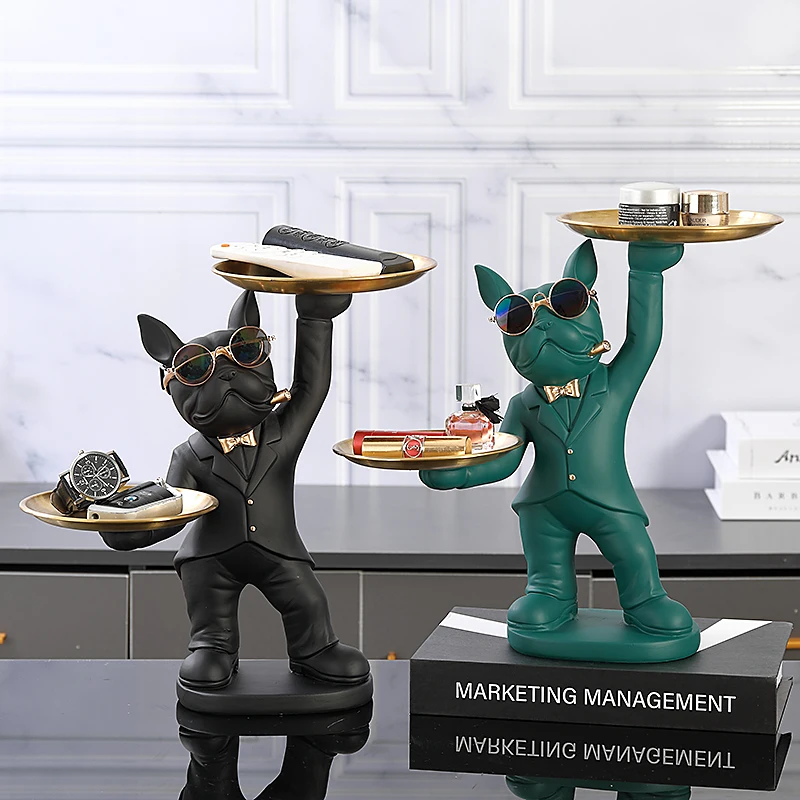 Decor Resin Sculpture French Bulldog Butler with Tray Nordic Decor Sculpture for Live Room Statue for Decor Gay Figurine