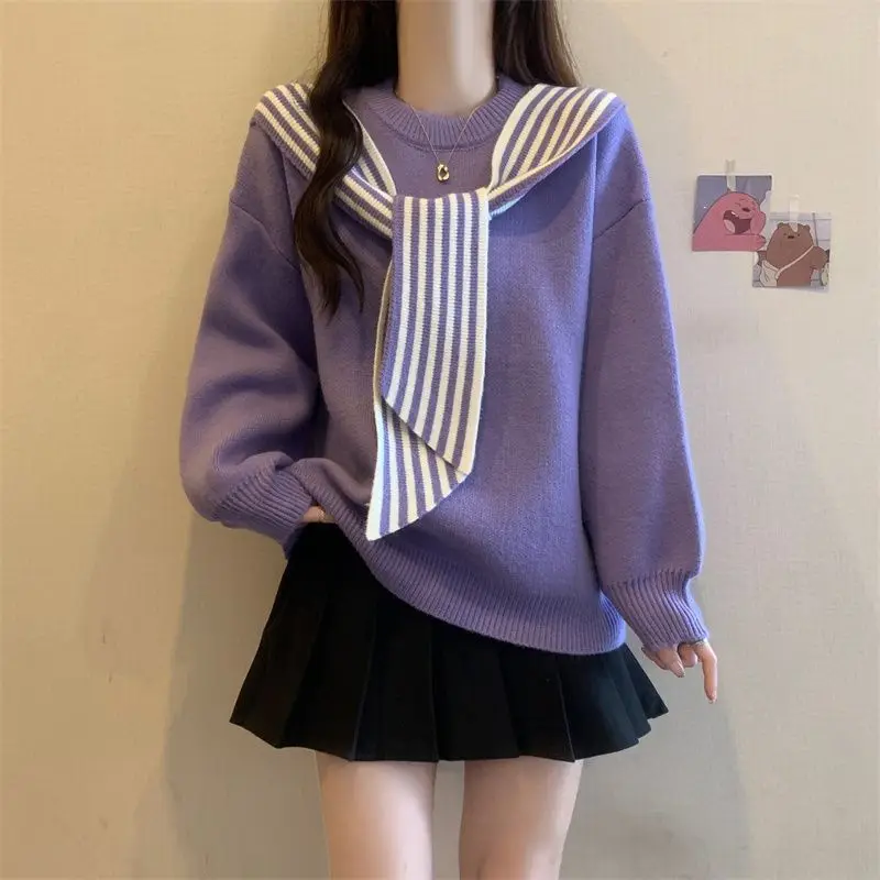 Women's Set with Spring and Autumn Striped Shawl Patchwork Sweater and High Waisted Loose Straight Leg Pants Two Piece Set