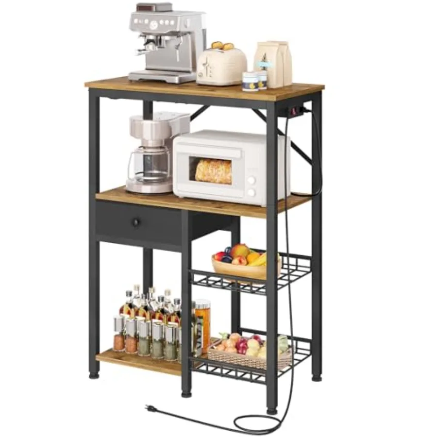 

Bakers Rack with Power Outlet, Coffee Bar with Storage, Microwave Stand with Fabric Drawer, Freestanding Kitchen Storage Rack f