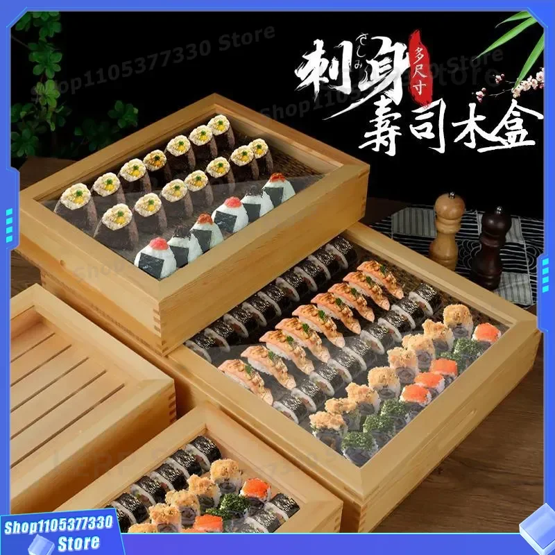 Japanese Wooden Sushi Display Box with Drain Rack for Sashimi Stall Burning Bird Presentation Gift Case Free Tea Party Setup