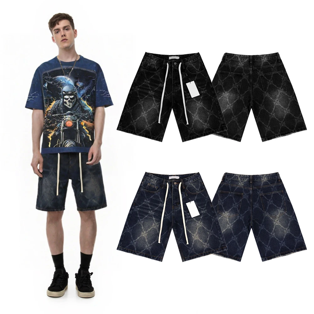 

Streetwear Clothing Loose Short Jeans with Geometric Print Hiphop Street Style Cotton Casual Retro Summer Shorts Pants for Men's