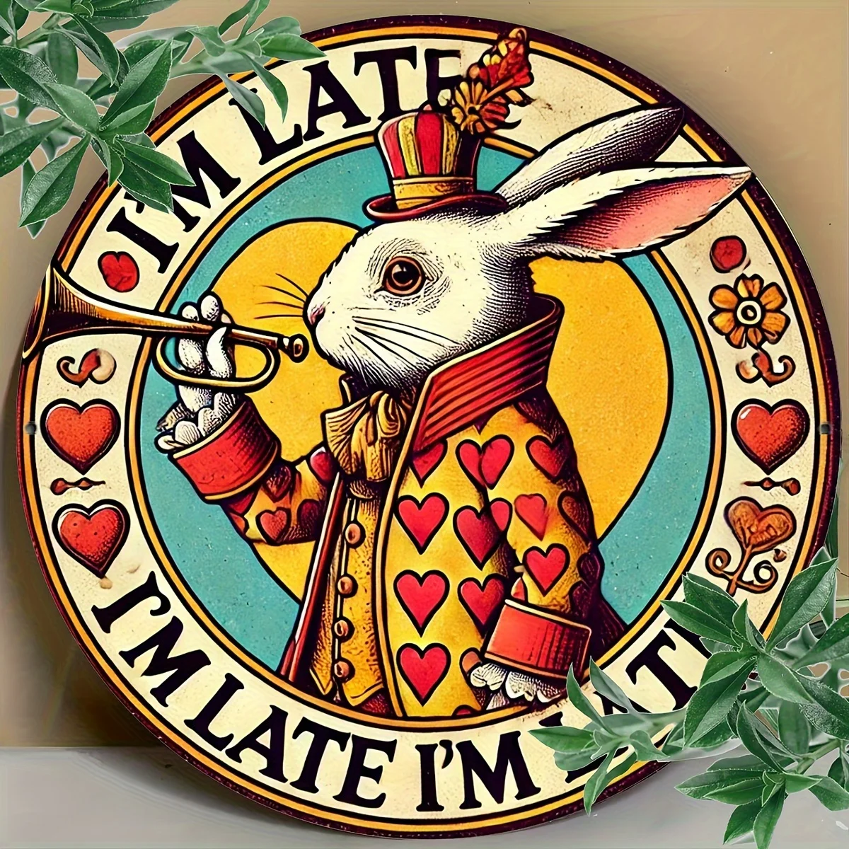 Retro White Rabbit I'm Late Round Metal Tin Plaque, Alice In Wonderland Fairytale Art Wall Sign, Cottage Bedroom Garden Whimsica