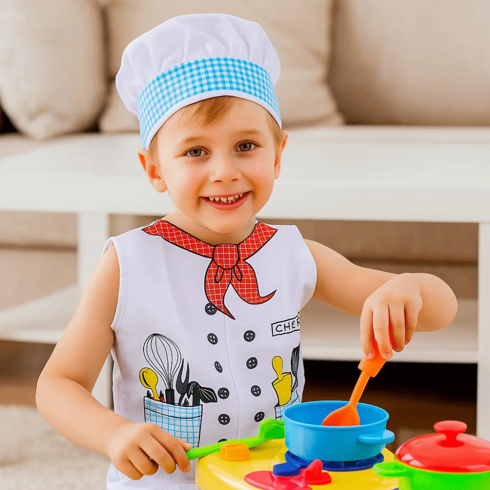 ชุดของเล่นเด็ก ชุดเชฟลายการ์ตูน พร้อมหมวก คอสเพลย์ ของเล่นครัว สีขาว ชุดเล่นบทบาทสมมติ ของเล่นทำครัว