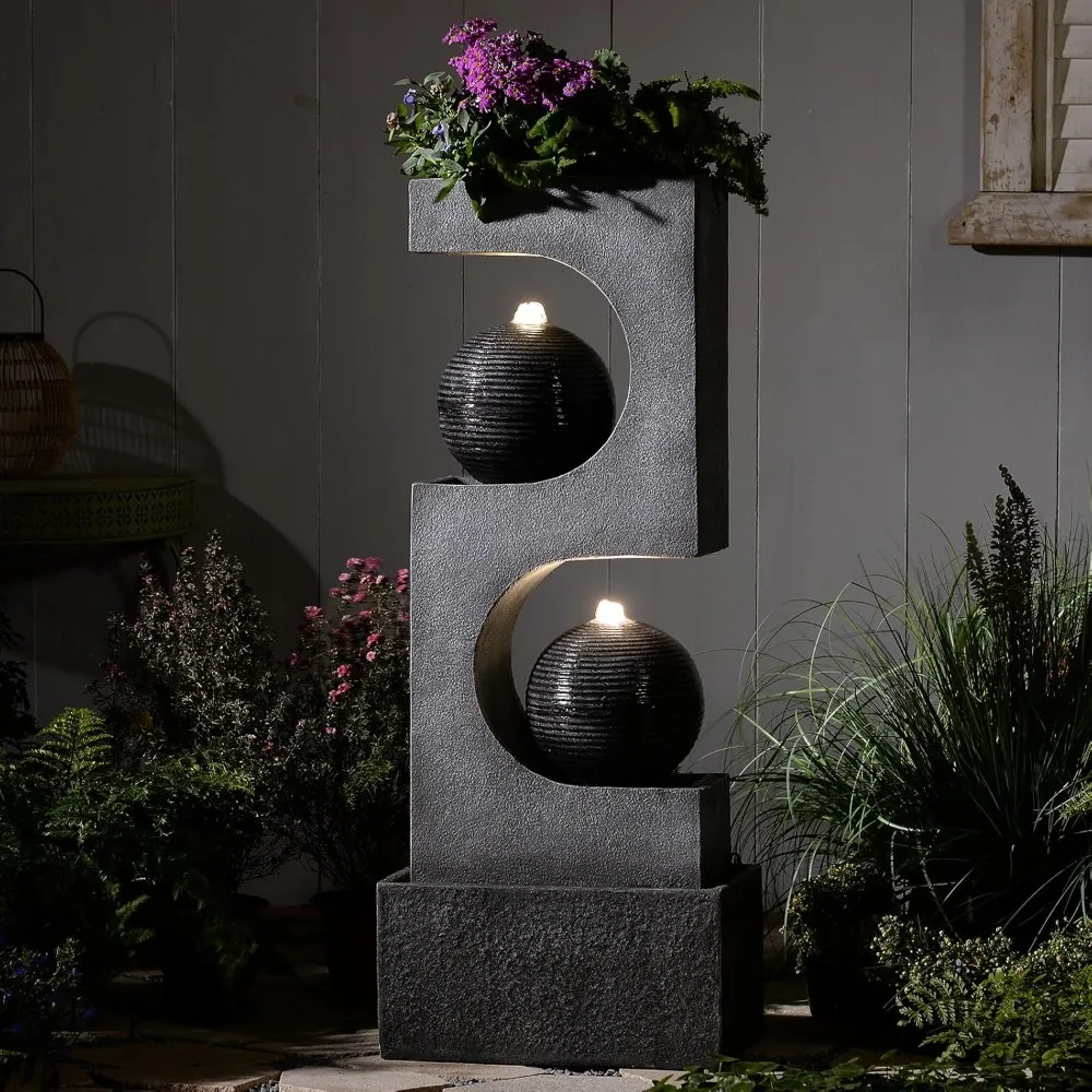 

Outdoor Water Fountain with LED Light, Modern Sphere Floor Waterfalls Fountains Indoor for Garden Patio Yard Deck Home Dec
