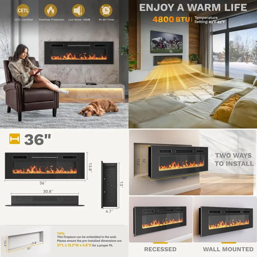 

Электрический камин-обогреватель 36, настенный, с пультом ДУ, регулировкой температуры, 8-часовым таймером, настройкой цвета и яркости, 120В 1