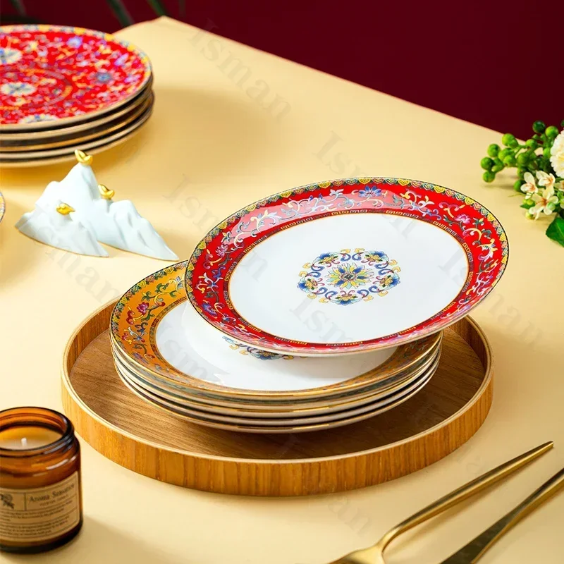 Light Luxury Gold Stroke Ceramic Dinner Plate Flower Relief Enamel Dish Bone China Western Plates Dishes Household Tableware