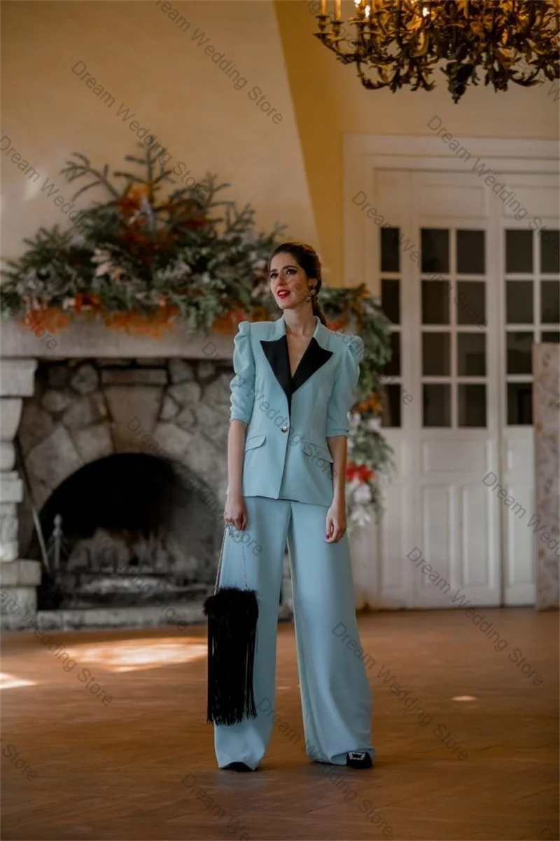 Blue Black Women Suit Set 2 Pcs Blazer Pants Trousers 3/4 Full Sleeves Formal Office Lady Jacket Customized Guest Wedding Coat