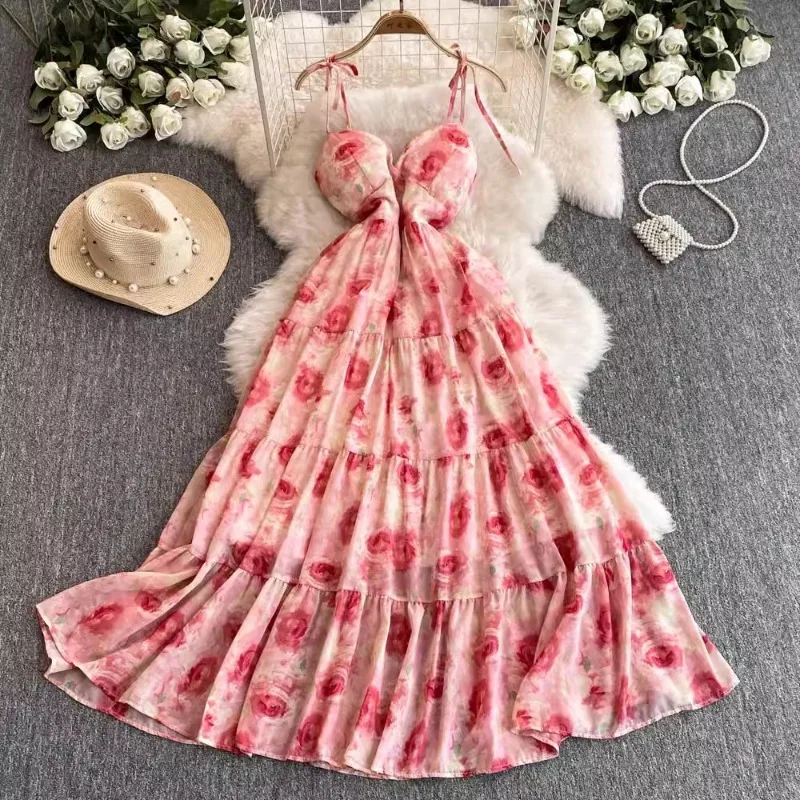 Women Floral Spaghetti Strap long Dress Elastic Ruched Sexy Hollow Backless Party Dress Summer Boho Vacation Beach Sundress 원피스