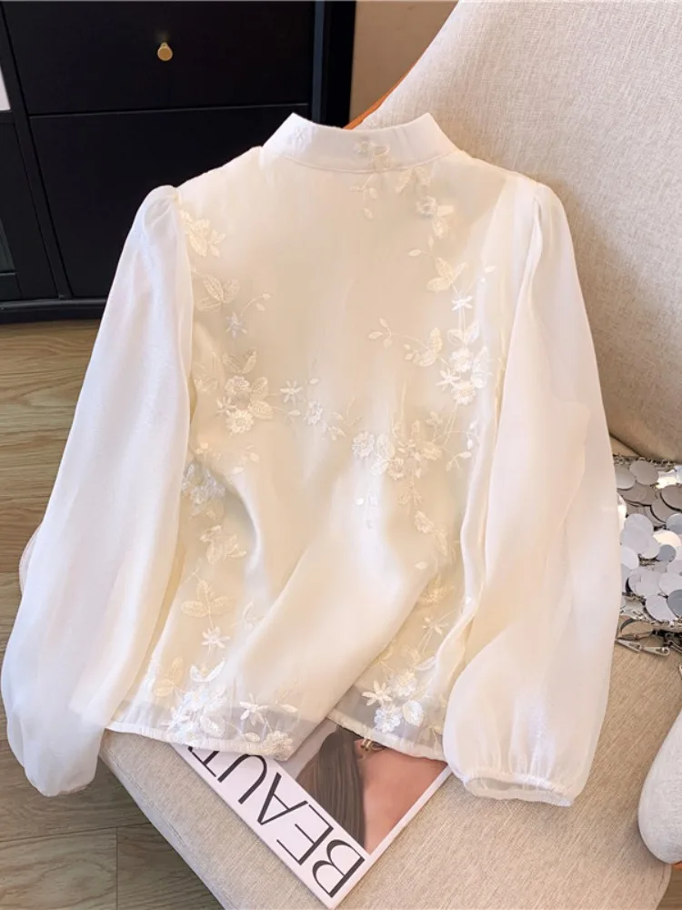 New Chinese style style buckle chiffon shirt feminine long-sleeved horse-faced skirt top