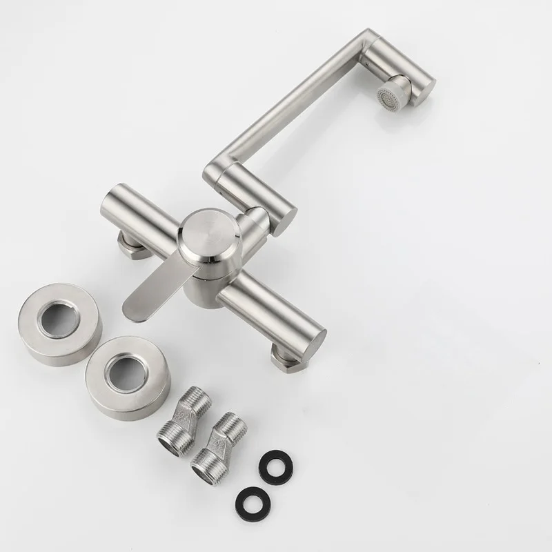 Stainless Steel Foldable Basin Faucet Wall Mounted Bathroom Kitchen Sink Washbasins Cold Hot Water Mixer Tap 360 Degree Swivel