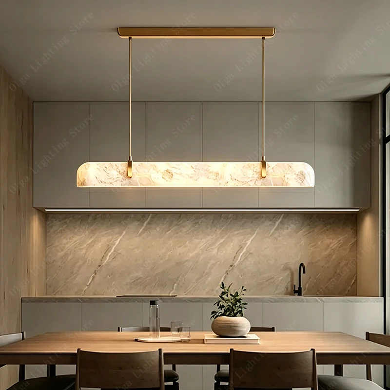 for Dining Room Foyer Kitchen Island Light Fixture Gold Spanish Natural Marble Long Chandelier LED Alabaster Hanglamp