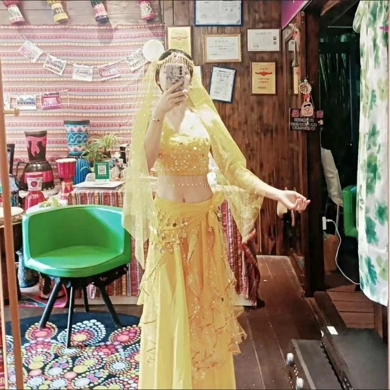 Glanzende buikdansset voor volwassenen, Oosterse Indiase dans voor dames, Arabische prinsessenkostuumset, oefenjurkset met pailletten voor dames