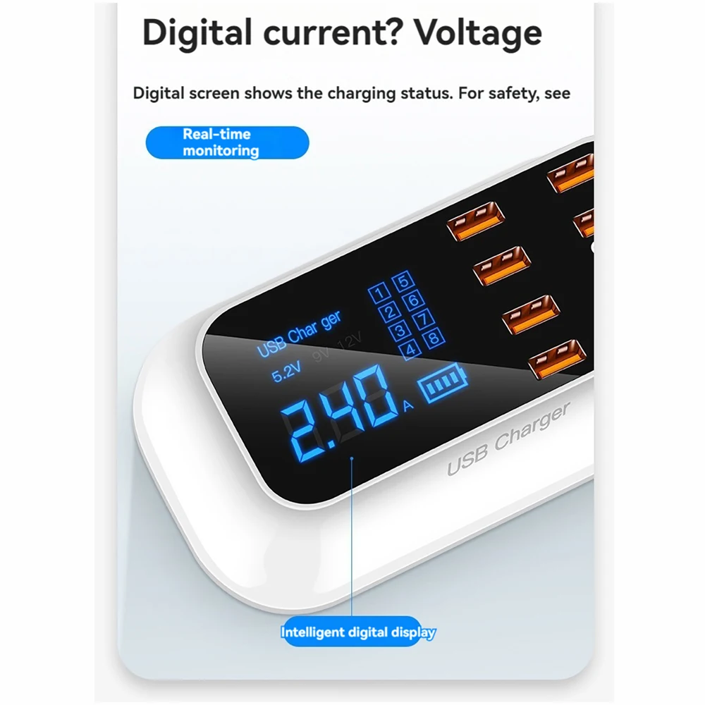 For iPhone11 12 15 Pro Max Type C QC 3.0 Fast Charging For Huawei PD40W Intelligent LCD Display 8-port USB Mobile Phone Charger