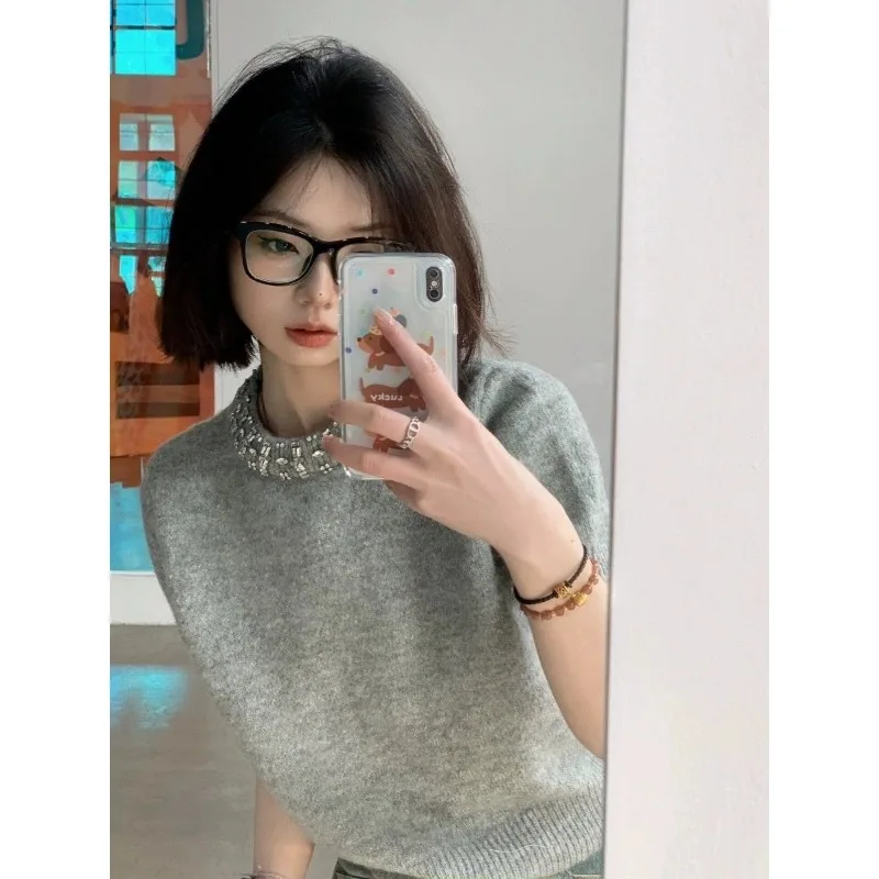 Temperament Diamond Pullover Knitwear Women Round Neck Soft Glutinous Korean Fashion French Solid Versatile Spring Lady Sweater