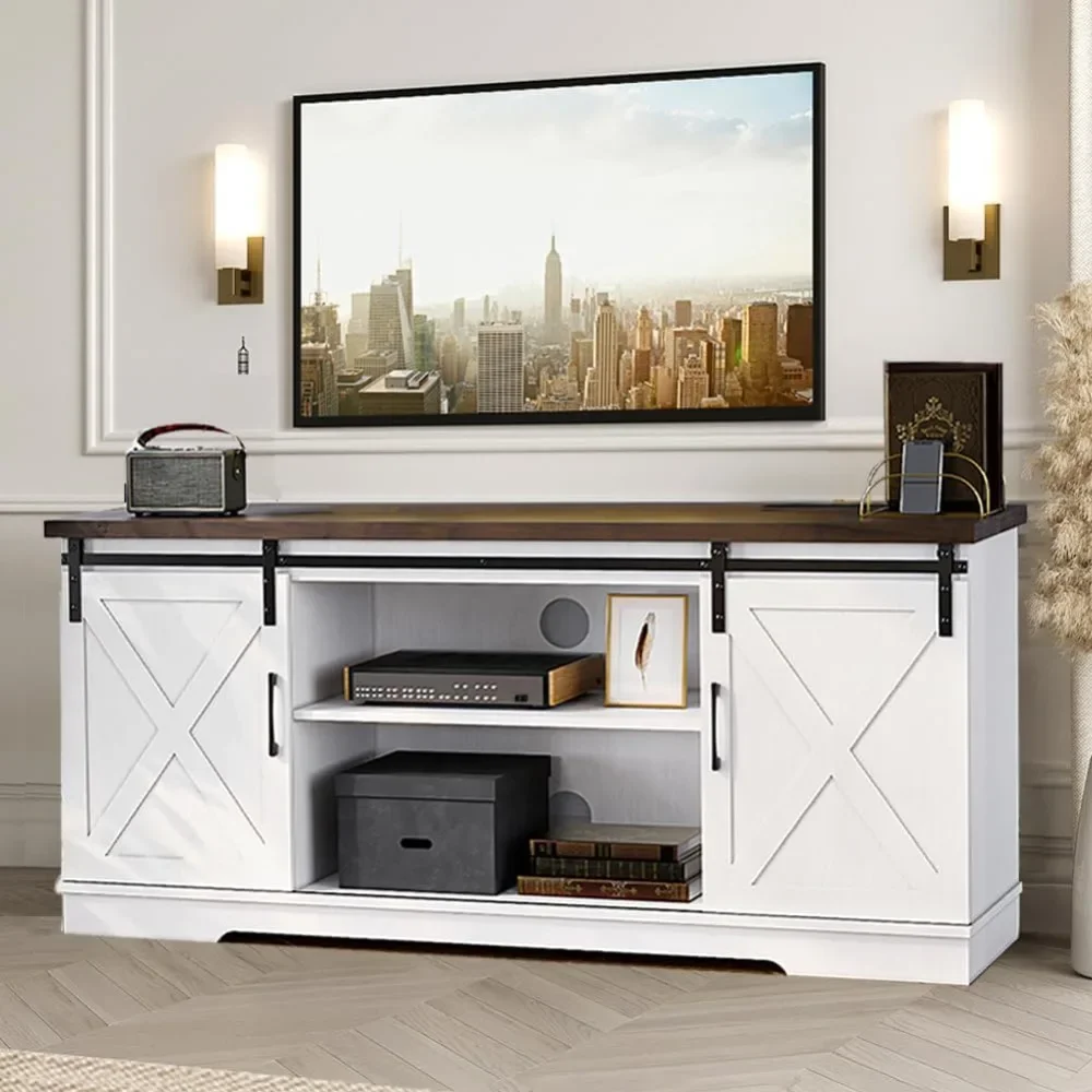 Farmhouse TV Stand for 65 Inch TV, Entertainment Center with Storage and Sliding Barn Doors, Modern Media TV Console