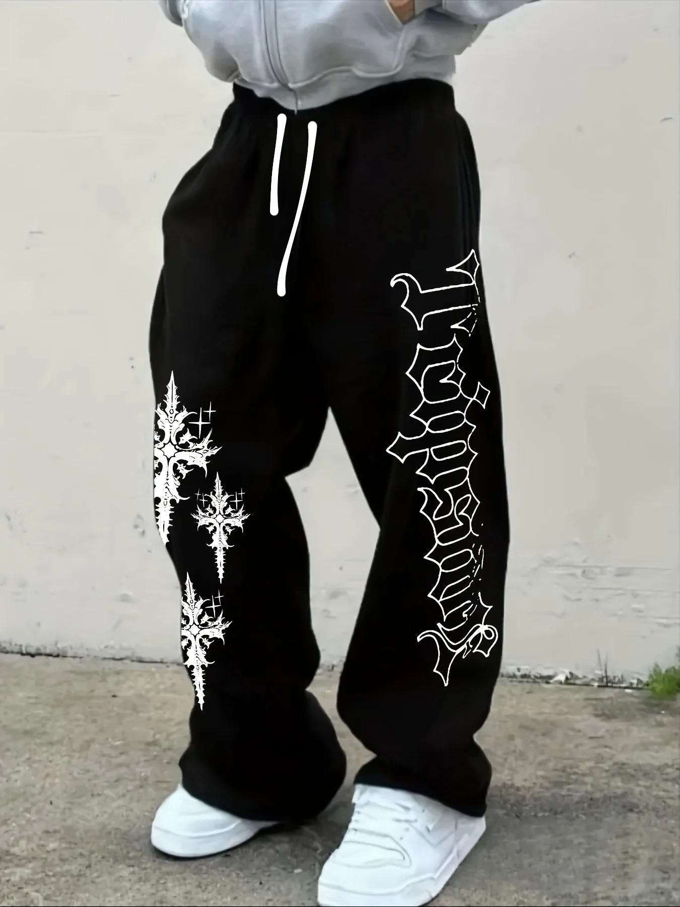 Pantalon de survêtement pour homme, style gothique, avec motif vertical, coupe large, ample et droite, avec cordon de serrage, style Y2K, streetwear punk sombre.