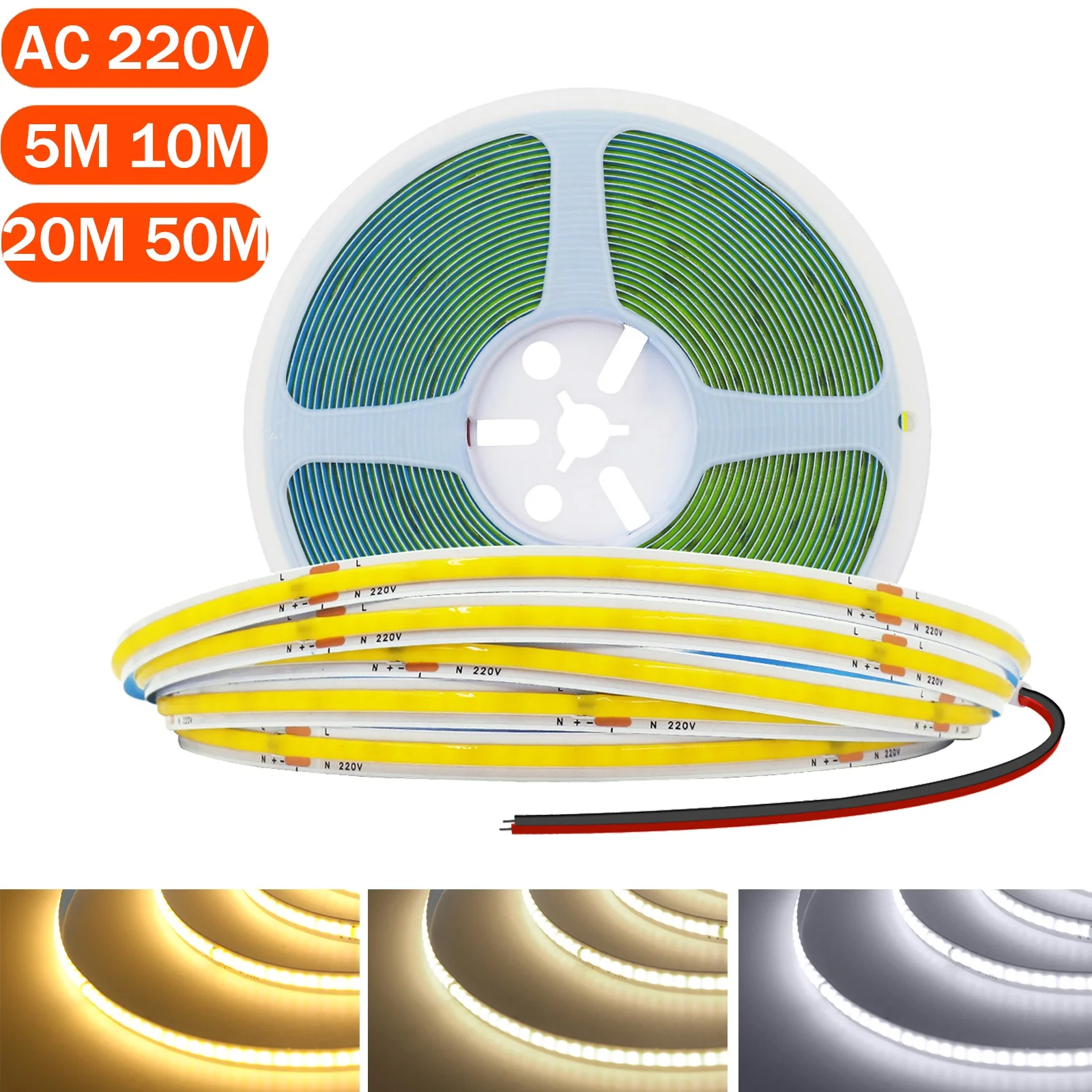 

5M 10M 15M 20M 50M COB LED Strip Light 220V Flexible COB LED Tape with Adhesive Tape 240LEDs High Density Linear Lighting