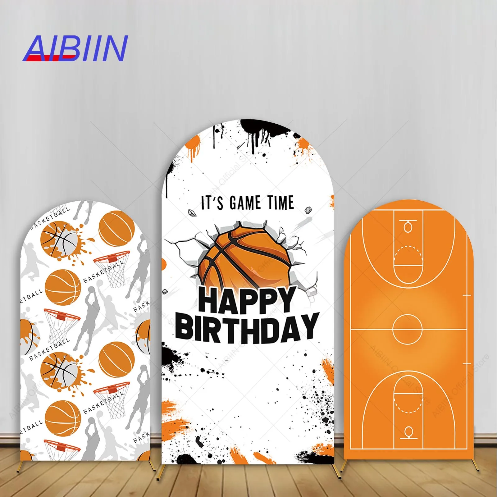 

Basketball Boy Happy Birthday Arch Backdrop Cover Orange Black Splash Basketball Court Sports Star Cake Party Decor Background