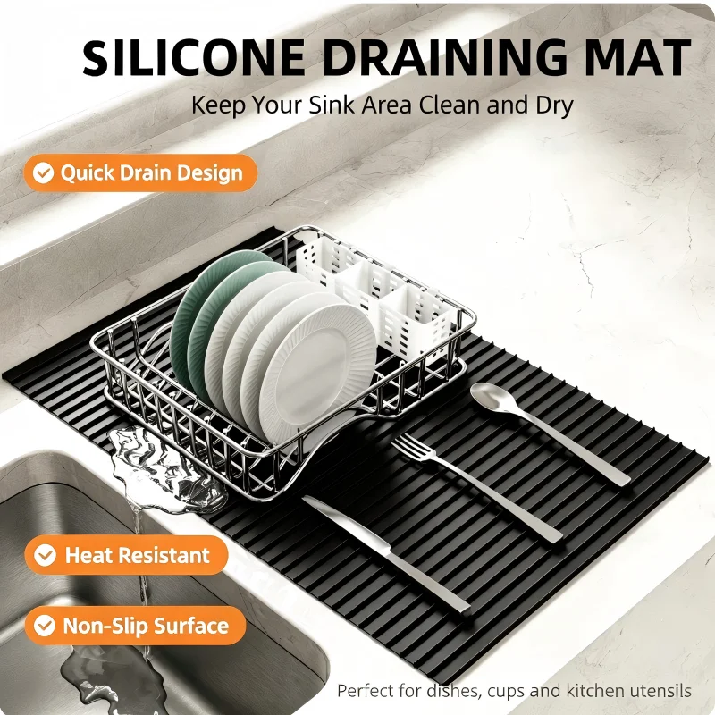Silicone Kitchen Counter Drying Mat - Heat Resistant Drainage Pad for Dishes, Fruits and Vegetables with Non-Slip Design