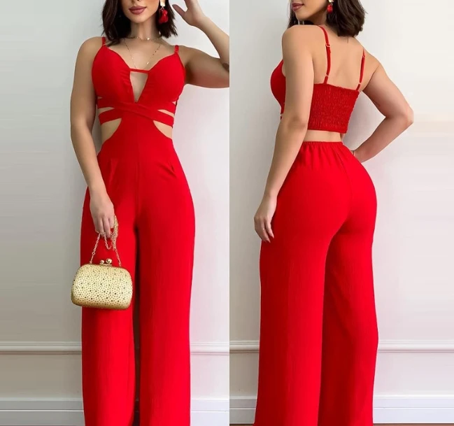 

Fashionable and Stylish Red Suspender with Hollowed Out Waistband and Spaghetti Spaghetti Strap Waistband Straight Leg Jumpsuit